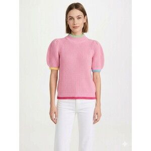 English Factory Colorblock Sweater Pink Puff Sleeve Mock Neck Women S